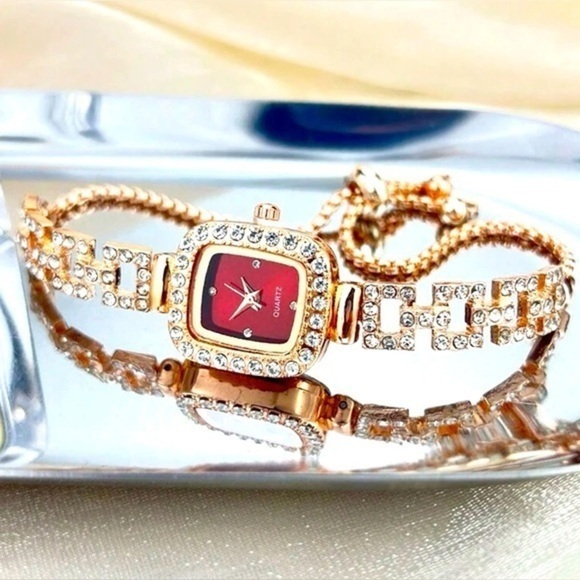 Red Square Faced Rhinestone & Gold Bolo Watch - Picture 1 of 4